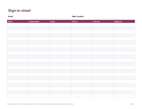 Preview of the first page of Sign-in sheet (PDF/DOCX/XLSX)