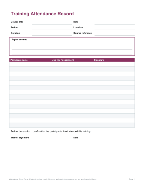 Preview of the first page of Training form (DOCX/PDF)