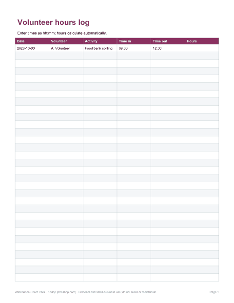 Preview of the first page of Volunteer hours (XLSX)